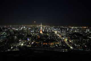 Foto, materiell, befreit, Landschaft, Bild, hat Foto auf Lager,Eine Nacht von Ansicht ber Tokyo, Tokyo-Turm, Das Bauen von Gruppe, Das Stadtzentrumsgebiet, Hochhaus