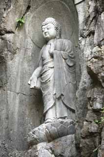 Foto, materieel, vrij, landschap, schilderstuk, bevoorraden foto,Een Hangzhoulingyingtemple afbeelding van De boeddha ingeschreven op de afe klif, Boeddhisme, Ishibotoke, Boeddhist afbeelding, Trouw