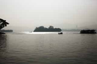fotografia, material, livra, ajardine, imagine, proveja fotografia,Xi-hu lago, Uma ilha, torre de cume de trovo, superfcie de um lago, navio