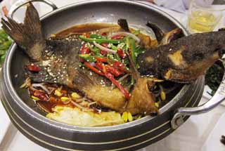 fotografia, material, livra, ajardine, imagine, proveja fotografia,O fritando e fervendo do peixe, peixe, pimento verde, Tofu secado, Comida chinesa