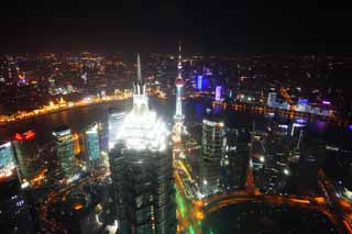 foto,tela,gratis,paisaje,fotografa,idea,Una vista de noche de Shangai, Vista excelente, Lo enciendo, Tren de pelota de luz de este de reloj; una torre, Rascacielos