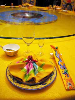 fotografia, material, livra, ajardine, imagine, proveja fotografia,Uma mesa-redonda, copo, Comida chinesa, guardanapo, Bordado