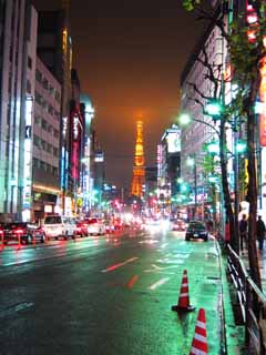 fotografia, materiale, libero il panorama, dipinga, fotografia di scorta,Roppongi vista serale, Torre di Tokio, Pioggia, superficie di strada, Neon