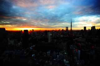 Foto, materieel, vrij, landschap, schilderstuk, bevoorraden foto,Zonsondergang in het Tokio, Gebouw, De benedenstad wijk, Tokio Toren, Toranomon