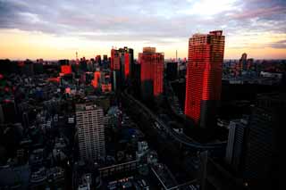 Foto, materieel, vrij, landschap, schilderstuk, bevoorraden foto,Zonsondergang in het Tokio, Gebouw, De benedenstad wijk, Shiodome, Hoog appartement