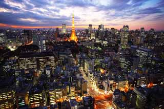 Foto, materieel, vrij, landschap, schilderstuk, bevoorraden foto,Tokio avond uitzicht, Gebouw, De benedenstad wijk, Tokio Toren, Zonsondergang