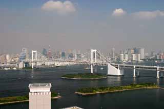 Foto, materiell, befreit, Landschaft, Bild, hat Foto auf Lager,Tokyo sah von Odaiba an, Regenbogenbrcke, Tokyo-Turm, Gebude, Kste
