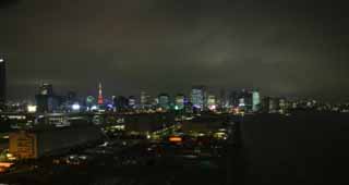 fotografia, material, livra, ajardine, imagine, proveja fotografia,Baa de Tquio viso noturna, construindo, Torre de Tquio, cais, Baa de Tquio