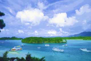 illustration,material,free,landscape,picture,painting,color pencil,crayon,drawing,The blue sea of Gulf of Kawahira, cloud, ship, diving boat, Blue