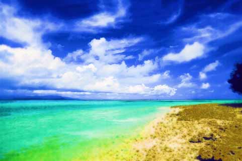 illust,tela,gratis,paisaje,fotografa,idea,pintura,Lpiz de color,dibujo,Una playa de arena de una estrella, Nube, Playa, Cielo azul, Verde de esmeralda