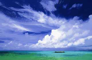 illustration,material,free,landscape,picture,painting,color pencil,crayon,drawing,The sky of a southern country, cloud, The sea, blue sky, Emerald green
