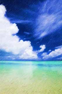 illust, materiale, libero panorama, ritratto dipinto, matita di colore disegna a pastello, disegnando,Una spiaggia di paese meridionale, spiaggia sabbiosa, cielo blu, spiaggia, nube