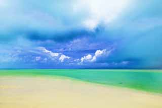 illust, materiale, libero panorama, ritratto dipinto, matita di colore disegna a pastello, disegnando,Una spiaggia di paese meridionale, spiaggia sabbiosa, cielo blu, spiaggia, nube