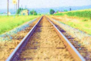 illustration,material,free,landscape,picture,painting,color pencil,crayon,drawing,Disappearance point of a track, track, railroad, railroad tie, Gravel