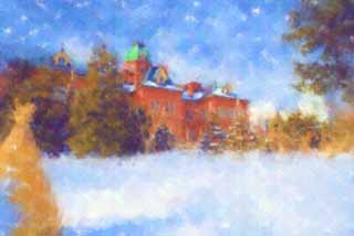 illustration,material,free,landscape,picture,painting,color pencil,crayon,drawing,Former Hokkaido agency, brick, , Reclamation, It is snowy