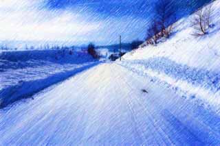 illustration,material,free,landscape,picture,painting,color pencil,crayon,drawing,A snow-covered road straight line, Icy roads, blue sky, snowy field, It is snowy