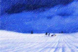 illust, materiell, befreit, Landschaft, Bild, Gemlde, Farbbleistift, Wachsmalstift, Zeichnung,,Ein kleines Haus eines schneebedeckten Feldes, schneebedecktes Feld, Wolke, Haus, blauer Himmel