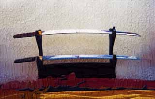 illust, materiale, libero panorama, ritratto dipinto, matita di colore disegna a pastello, disegnando,Una spada giapponese, arma, samurai, Tondo, spada