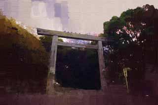 illust, matire, libre, paysage, image, le tableau, crayon de la couleur, colorie, en tirant,Atsuta-jingu Temple torii, Temple shintoste, torii, La porte, Religion