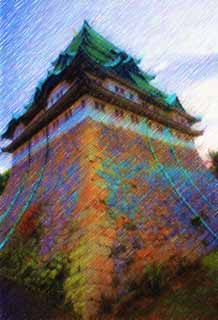illust, materiale, libero panorama, ritratto dipinto, matita di colore disegna a pastello, disegnando,Nagoya-jo il Castello, picca di balena mortale, castello, La torre di castello, 