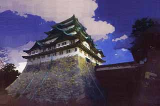 illust, material, livram, paisagem, quadro, pintura, lpis de cor, creiom, puxando,Nagoya-jo Castelo, pique de baleia assassina, castelo, A torre de castelo, 