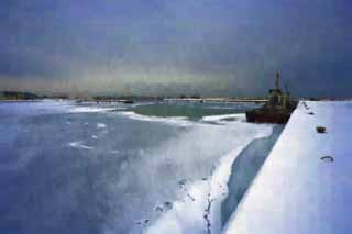illustration,material,free,landscape,picture,painting,color pencil,crayon,drawing,The port which freezes, Drift ice, Ice, port, ship