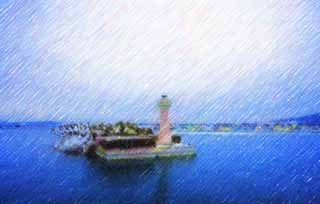 illustration,material,free,landscape,picture,painting,color pencil,crayon,drawing,A lighthouse of Monbetsu, lighthouse, breakwater, port, The sea