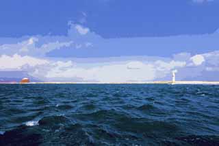 illust, matire, libre, paysage, image, le tableau, crayon de la couleur, colorie, en tirant,Port Abashiri, phare, La mer d'Okhotsk, vague, ciel bleu
