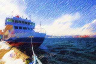 illust, materiale, libero panorama, ritratto dipinto, matita di colore disegna a pastello, disegnando,Aurora del porto di Abashiri, nave, Una nave rompighiaccio, onda, cielo blu