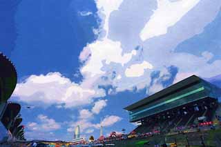 illustration,material,free,landscape,picture,painting,color pencil,crayon,drawing,The sky of Suzuka Circuit, race track, Racing ground, circuit, The stands