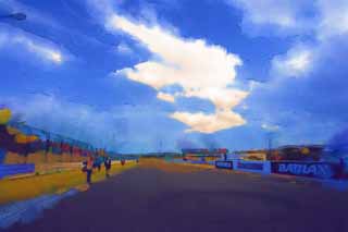 illustration,material,free,landscape,picture,painting,color pencil,crayon,drawing,Suzuka Circuit, Racing ground, Asphalt, The first corner, 