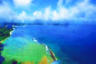 illust, materiale, libero panorama, ritratto dipinto, matita di colore disegna a pastello, disegnando,Blu di golfo di Tumon, isola meridionale, ricorso, Tropicale, scogliera di corallo