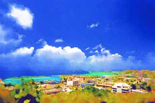 illust, materiale, libero panorama, ritratto dipinto, matita di colore disegna a pastello, disegnando,Da un forte di Apugan, isola meridionale, costruendo, nube, 