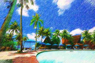 illustration,material,free,landscape,picture,painting,color pencil,crayon,drawing,A resort beach side, south island, resort, swimming pool, parasol
