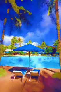 illustration,material,free,landscape,picture,painting,color pencil,crayon,drawing,A resort beach side, south island, resort, swimming pool, parasol
