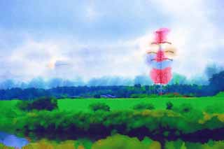 illustration,material,free,landscape,picture,painting,color pencil,crayon,drawing,Memory of Kasukabe, High-voltage line, river, steel tower, 