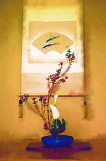 illustration,material,free,landscape,picture,painting,color pencil,crayon,drawing,A tokonoma, Flower arrangement, , , hanging scroll