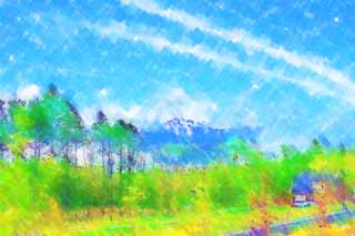 Illust, materieel, vrij, landschap, schilderstuk, schilderstuk, kleuren potlood, crayon, werkje,Yatsugatake van vroeg zomer, Yatsugatake, De besneeuwde bergen, Plat, De landhuis maalde