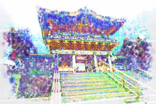 illustration,material,free,landscape,picture,painting,color pencil,crayon,drawing,The Tosho-gu Shrine positive light gate, The positive light gate, world heritage, sculpture, I am luxurious