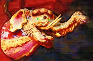 illust, materiale, libero panorama, ritratto dipinto, matita di colore disegna a pastello, disegnando,Un elefante di Tosho-gu il Sacrario, Un elefante, Rosso, Foglia di oro, 