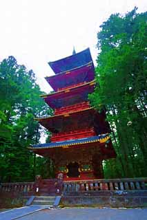 illustration,material,free,landscape,picture,painting,color pencil,crayon,drawing,Five Storeyed Pagoda of Tosho-gu Shrine, Tosho-gu Shrine, Five Storeyed Pagoda, I am cinnabar red, world heritage