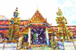 illust, material, livram, paisagem, quadro, pintura, lpis de cor, creiom, puxando,Uma deidade guardi tailandesa, Ouro, Buda, Templo da esmeralda o Buda, Visitando lugares tursticos