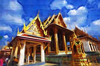 illust, materiale, libero panorama, ritratto dipinto, matita di colore disegna a pastello, disegnando,Il Tempio dello Smeraldo Budda sala principale di un tempio buddista, Oro, Budda, Tempio dello smeraldo Budda, Facendo il turista