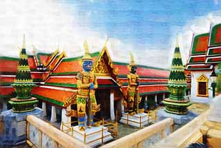 illustration,material,free,landscape,picture,painting,color pencil,crayon,drawing,A Thai guardian deity, Gold, Buddha, Temple of the Emerald Buddha, Sightseeing