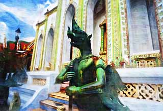 Illust, materieel, vrij, landschap, schilderstuk, schilderstuk, kleuren potlood, crayon, werkje,EEN Thailander beschermer godheid, Goud, Boeddha, Tempel van de Smaragd Boeddha, Bezoekende touristenplaats