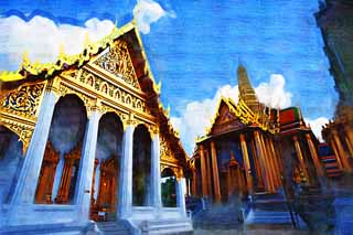 illust, materiale, libero panorama, ritratto dipinto, matita di colore disegna a pastello, disegnando,Tempio dello smeraldo Budda, Oro, Budda, Tempio dello smeraldo Budda, Facendo il turista