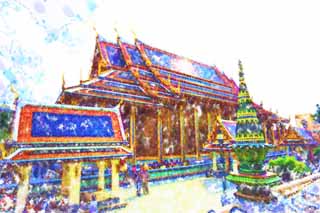 Illust, materieel, vrij, landschap, schilderstuk, schilderstuk, kleuren potlood, crayon, werkje,Een colonne van de Tempel van de Emerald Buddha belangrijkste hal van een Boeddhist tempel, Goud, Boeddha, Tempel van de Smaragd Boeddha, Bezoekende touristenplaats