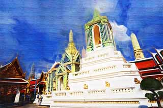Illust, materieel, vrij, landschap, schilderstuk, schilderstuk, kleuren potlood, crayon, werkje,Een gouden pagoda van De tempel van de Emerald Buddha, Goud, Boeddha, Tempel van de Smaragd Boeddha, Bezoekende touristenplaats