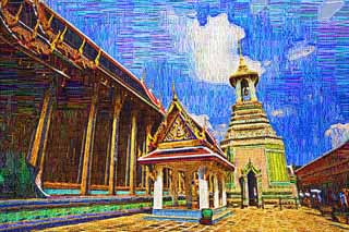 Illust, materieel, vrij, landschap, schilderstuk, schilderstuk, kleuren potlood, crayon, werkje,Belfort van De tempel van de Emerald Buddha, Goud, Boeddha, Tempel van de Smaragd Boeddha, Bezoekende touristenplaats