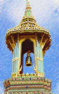 illustration,material,free,landscape,picture,painting,color pencil,crayon,drawing,Belfry of Temple of the Emerald Buddha, Gold, Buddha, Temple of the Emerald Buddha, Sightseeing